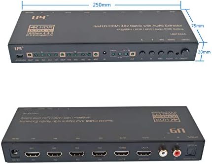 U9 ViewHD HDMI 4x2 עם מטריקס חולץ שמע/מגבר טרום | HDMI 2.0 4K@60Hz | HDCP 2.2 | 18GBPs | HDR + Dolby Vision | קשת | פלט שמע Toslink &